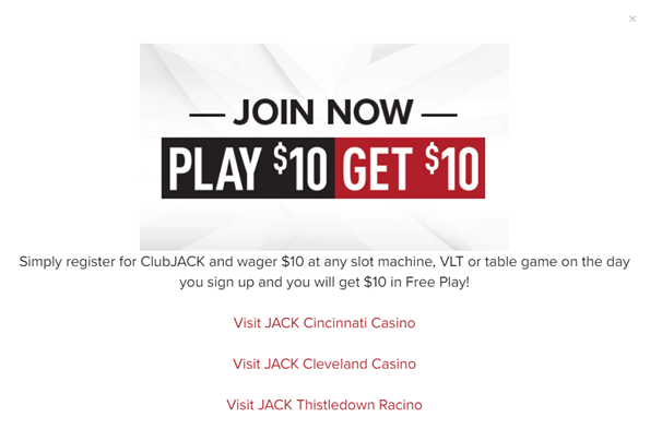 Play $10 and get $10 at Jack Casinos